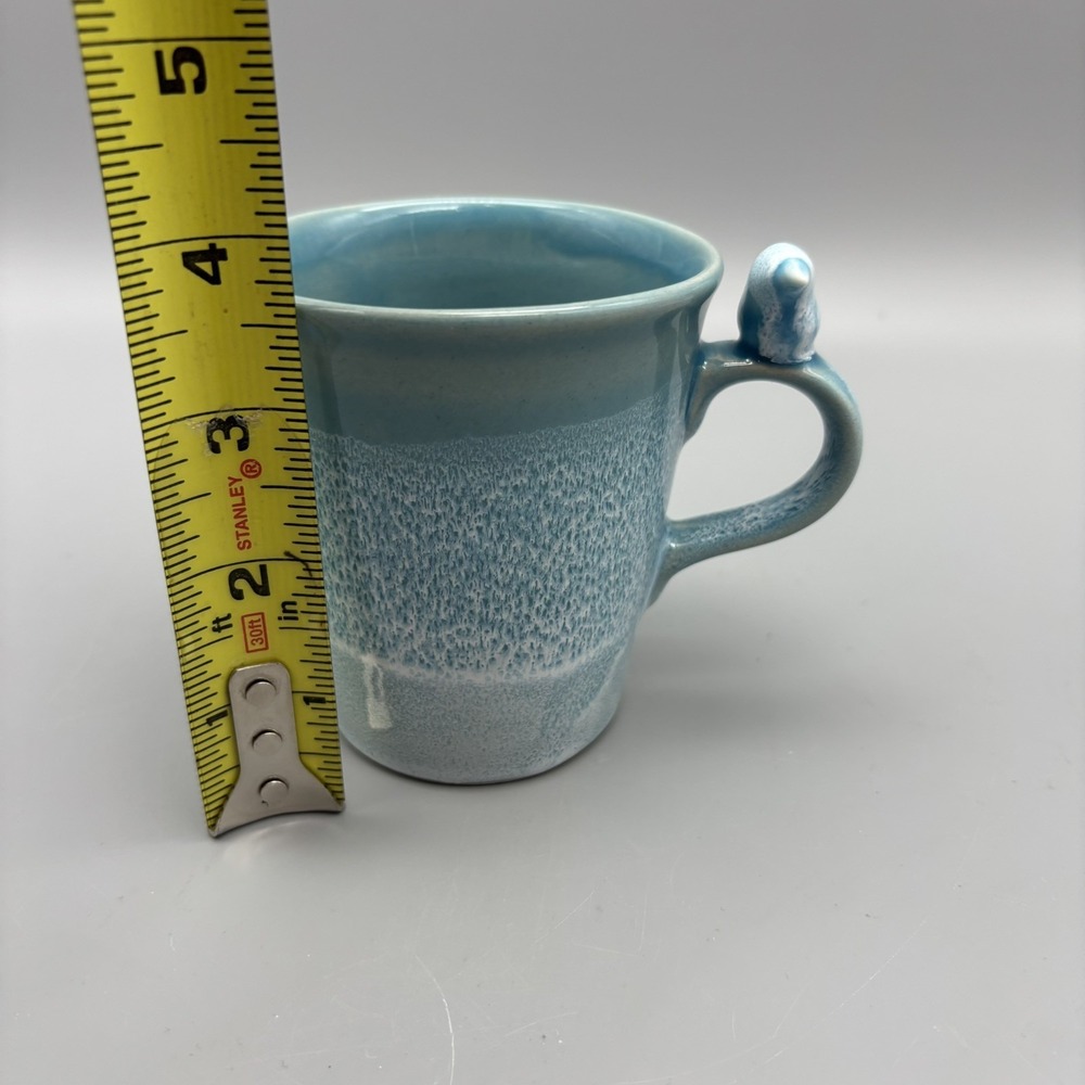 Studio Art Pottery Mug Teal Glazed W/Bird On Handle Signed Bird Lover - Picture 7 of 8
